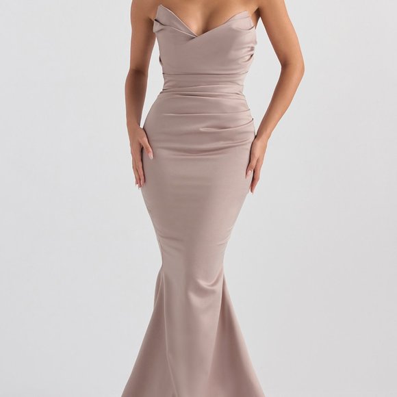 HOUSE OF CB - FLEUR MUSHROOM SATIN STRAPLESS GOWN - Picture 2 of 6